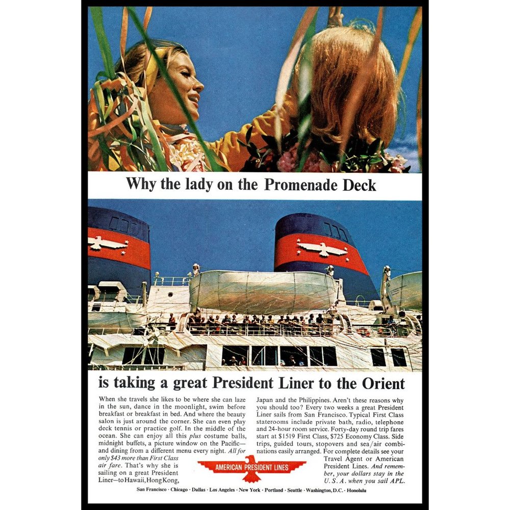 1965 American President Lines Cruise Ship Vintage Print Ad Blonde Orient Decor